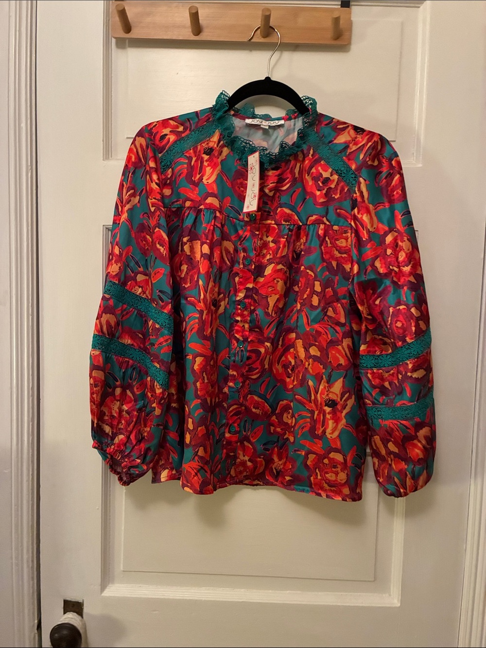 Joy Joy Teal Blouse with Red and Orange Floral Print and Lace Trim